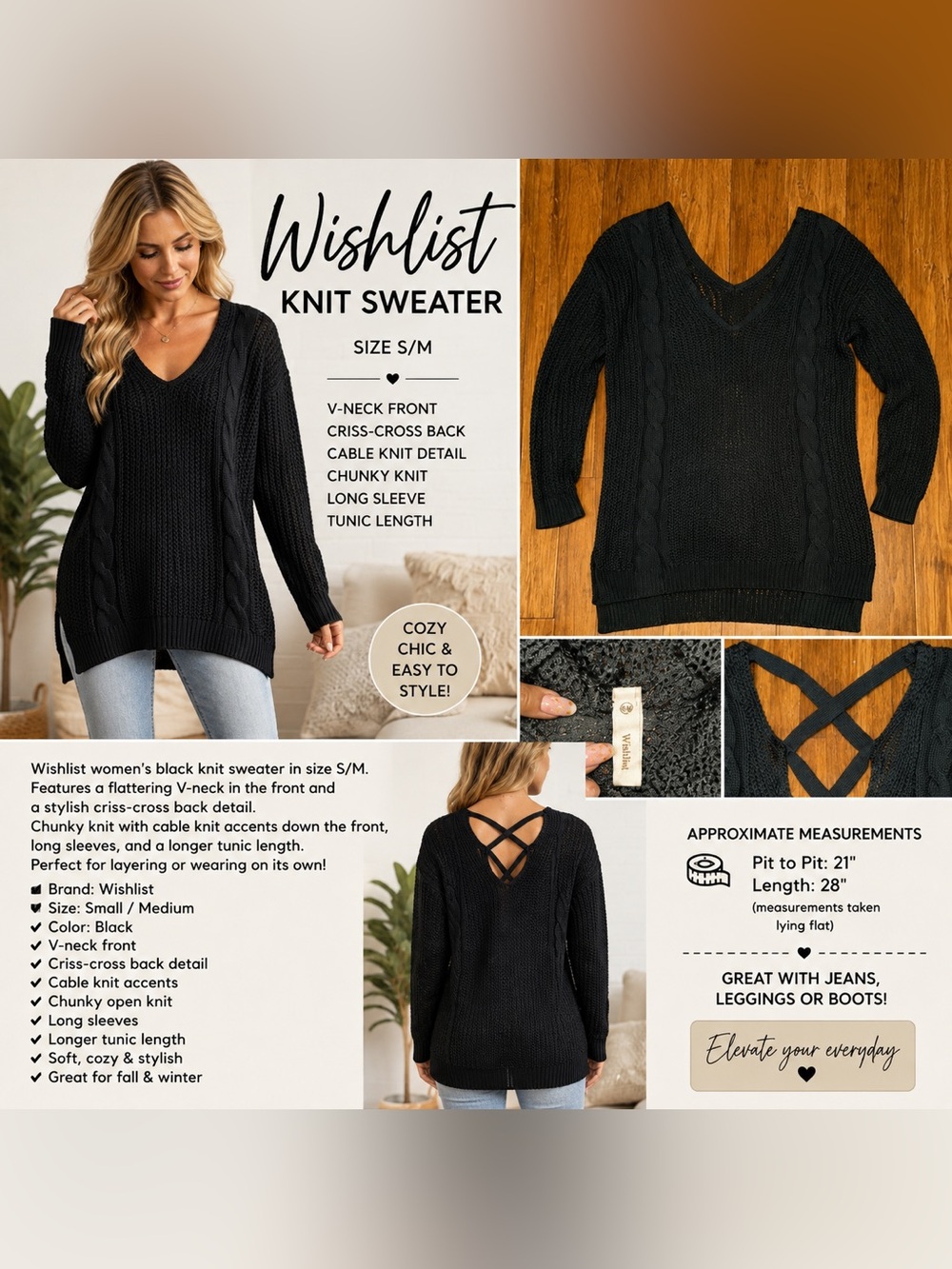 Wishlist Black V-Neck Crisscross Back Knit Sweater S/M